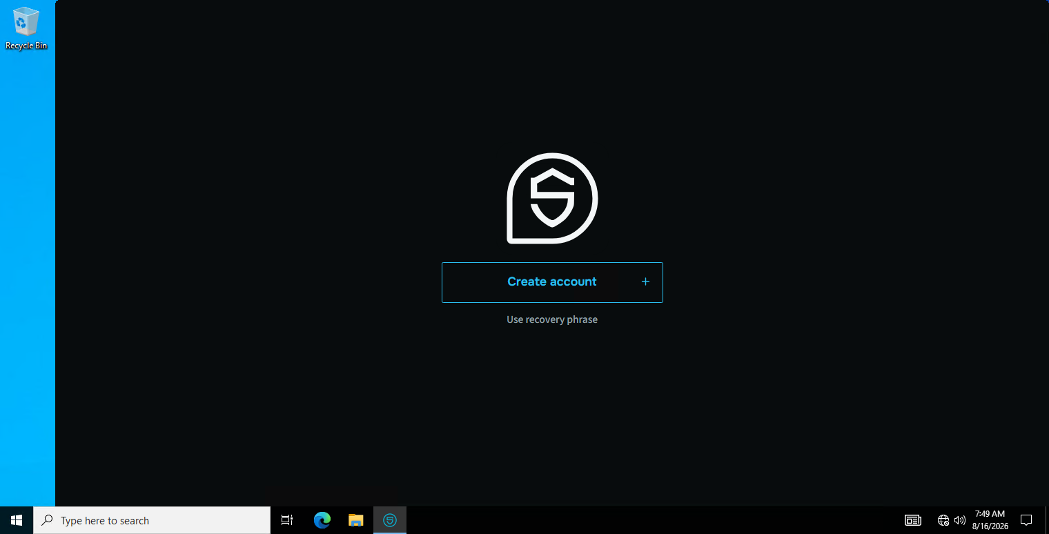 First launch. Create an account, or restore one from a recovery phrase.