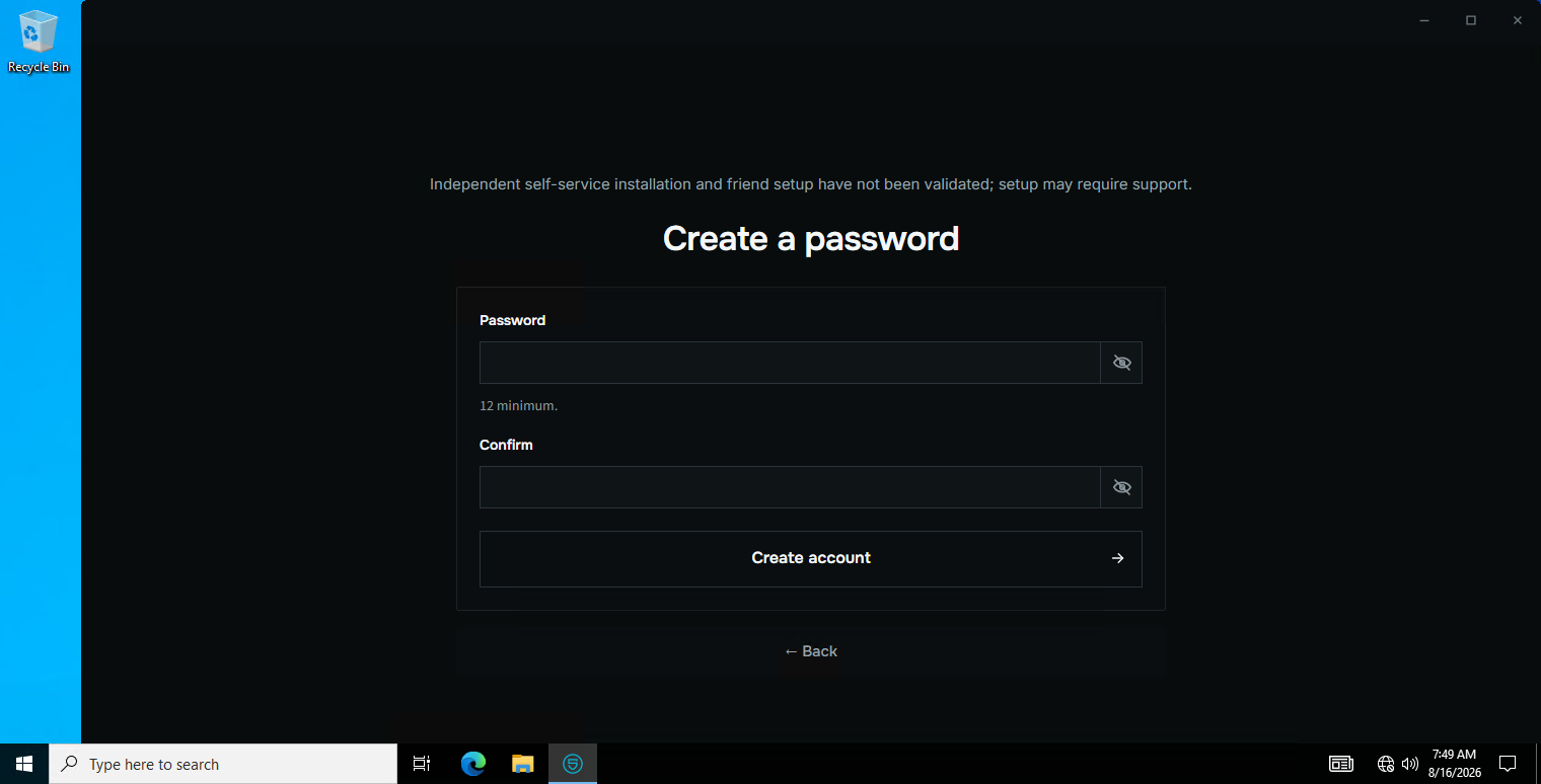 Choosing a password. This password is the only thing that opens the profile.